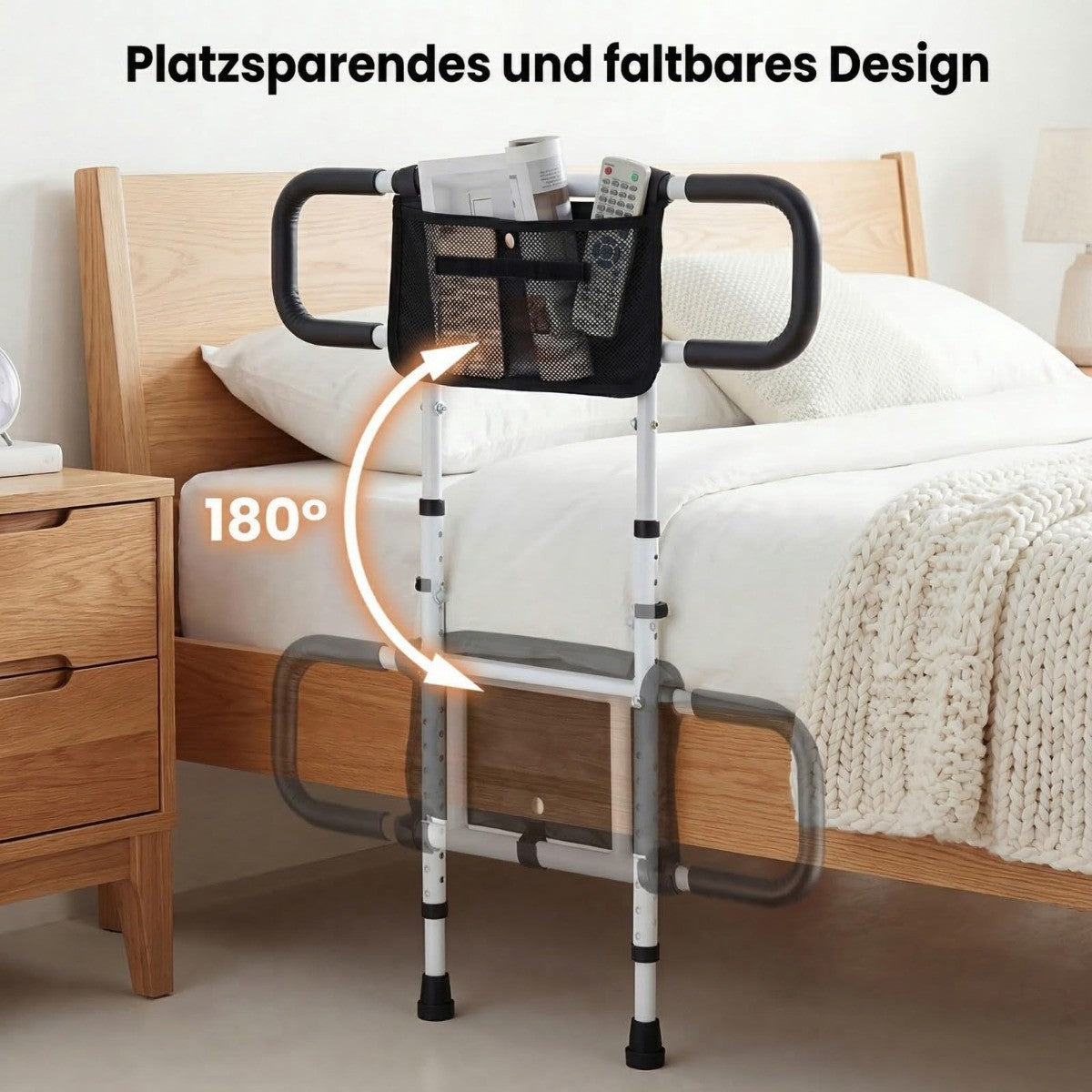 Foldable Bed Rail for Seniors with Storage Pocket, White