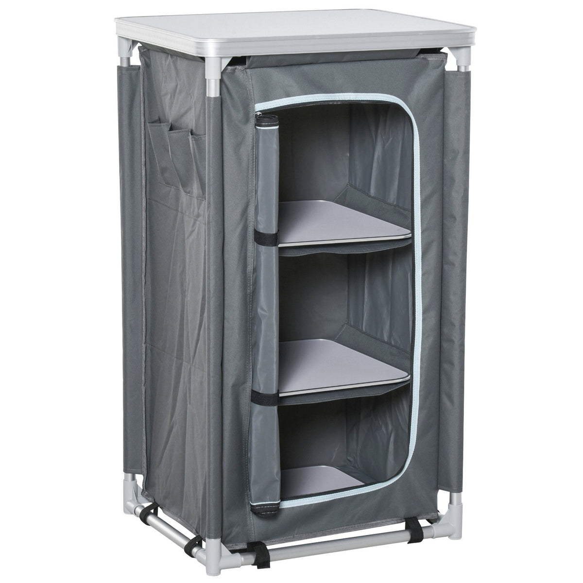 Foldable Camping Cabinet Kitchen Box Portable With Worktop, 3 Shelves, 600D Oxford Fabric, Gray, 60X50X104.5Cm