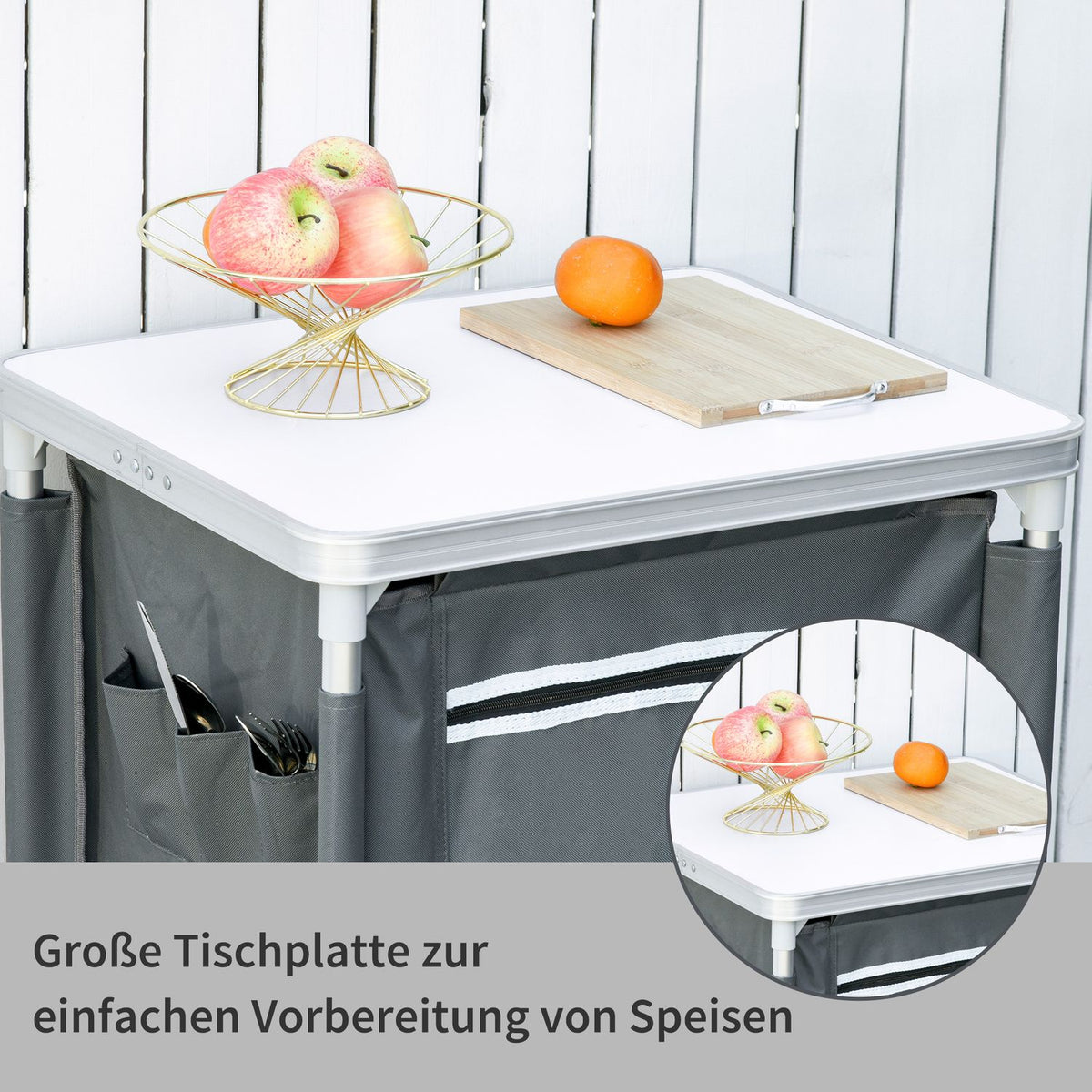 Foldable Camping Cabinet Kitchen Box Portable With Worktop, 3 Shelves, 600D Oxford Fabric, Gray, 60X50X104.5Cm