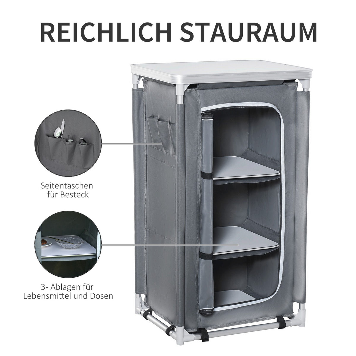 Foldable Camping Cabinet Kitchen Box Portable With Worktop, 3 Shelves, 600D Oxford Fabric, Gray, 60X50X104.5Cm