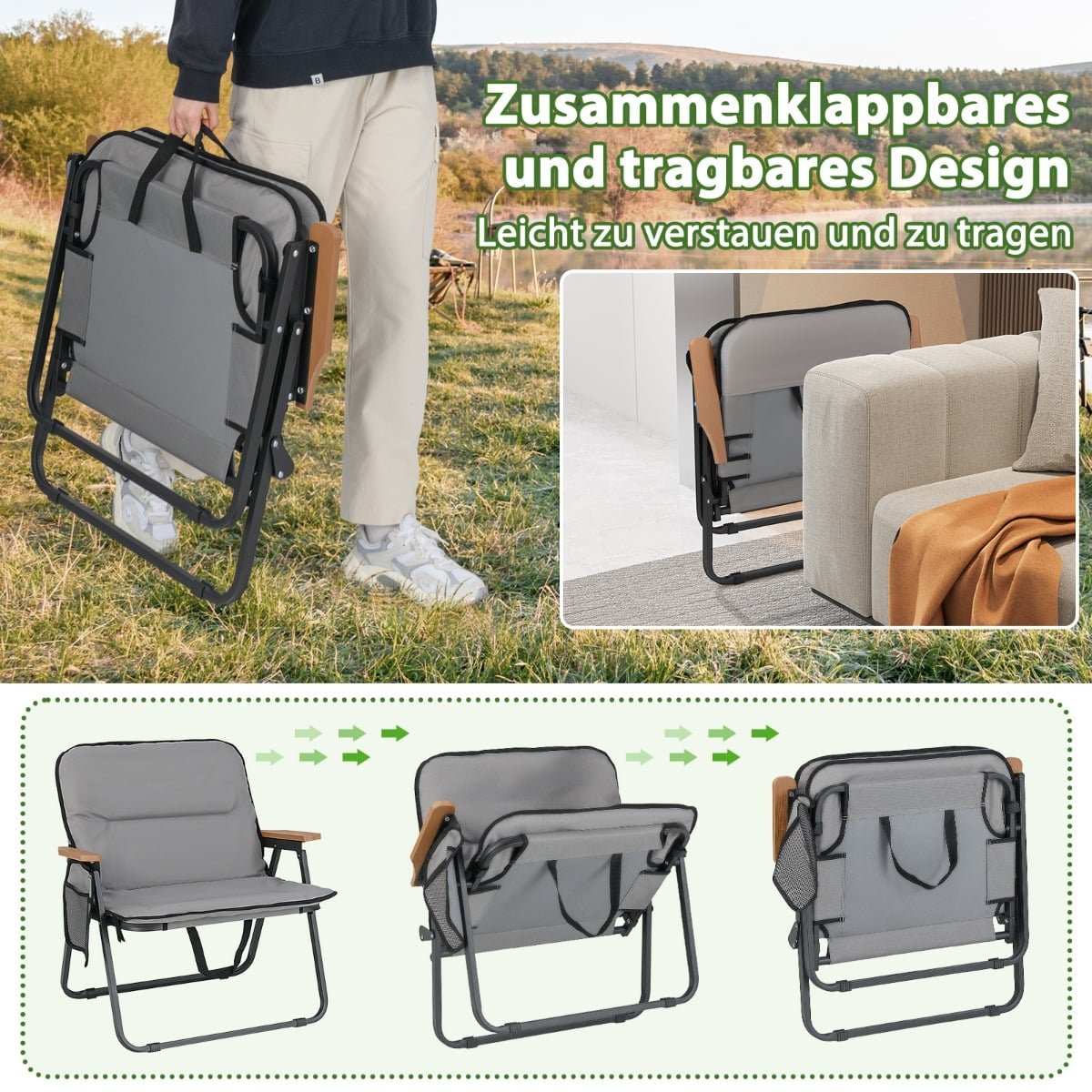 Foldable Camping Chairs Set with Cushion & Side Pocket