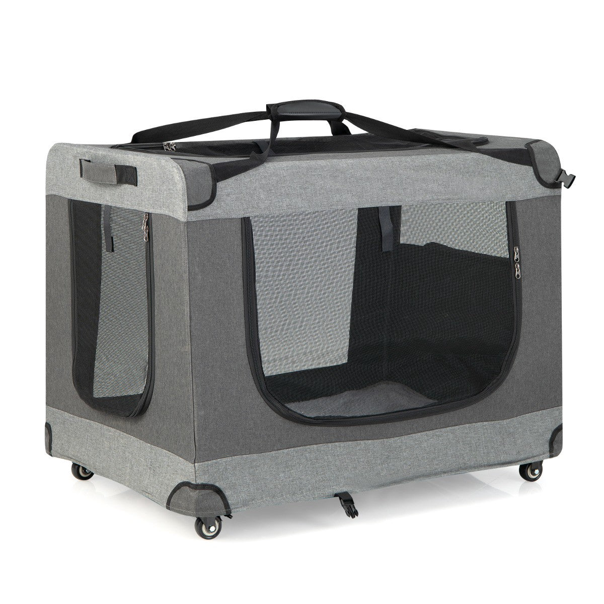 Foldable Cat Carrier, XL, 4 Lockable Wheels, Mesh Doors