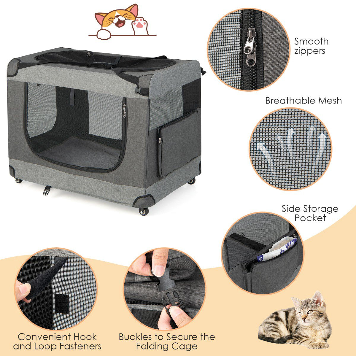 Foldable Cat Carrier, XL, 4 Lockable Wheels, Mesh Doors