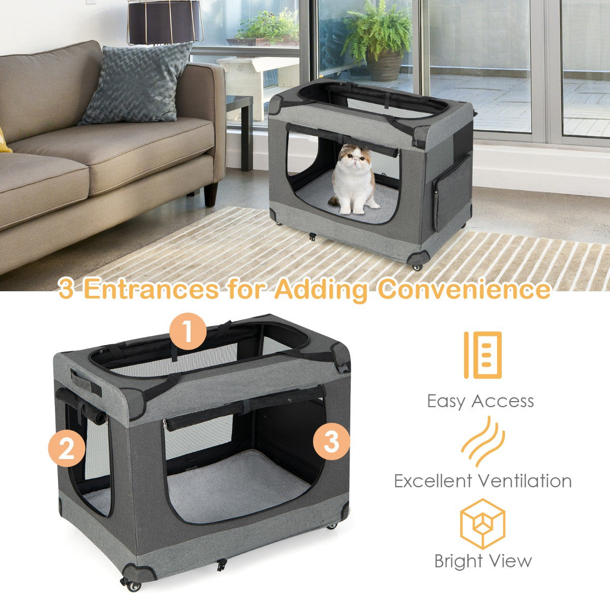 Foldable Cat Carrier, XL, 4 Lockable Wheels, Mesh Doors