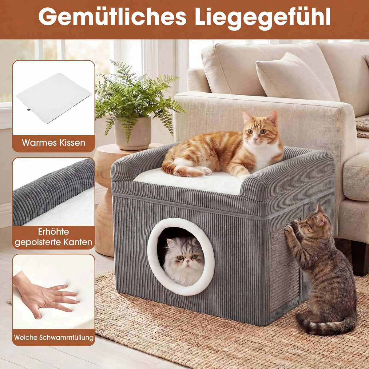 Foldable Cat House with Sisal Mat & Soft Cushion, Gray