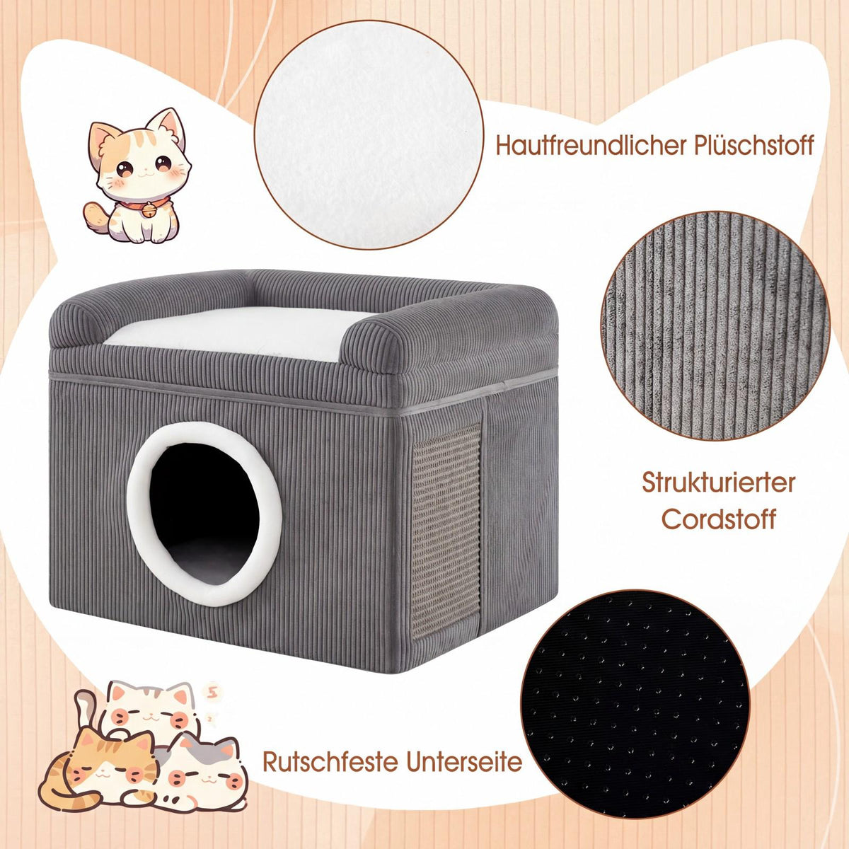 Foldable Cat House with Sisal Mat & Soft Cushion, Gray