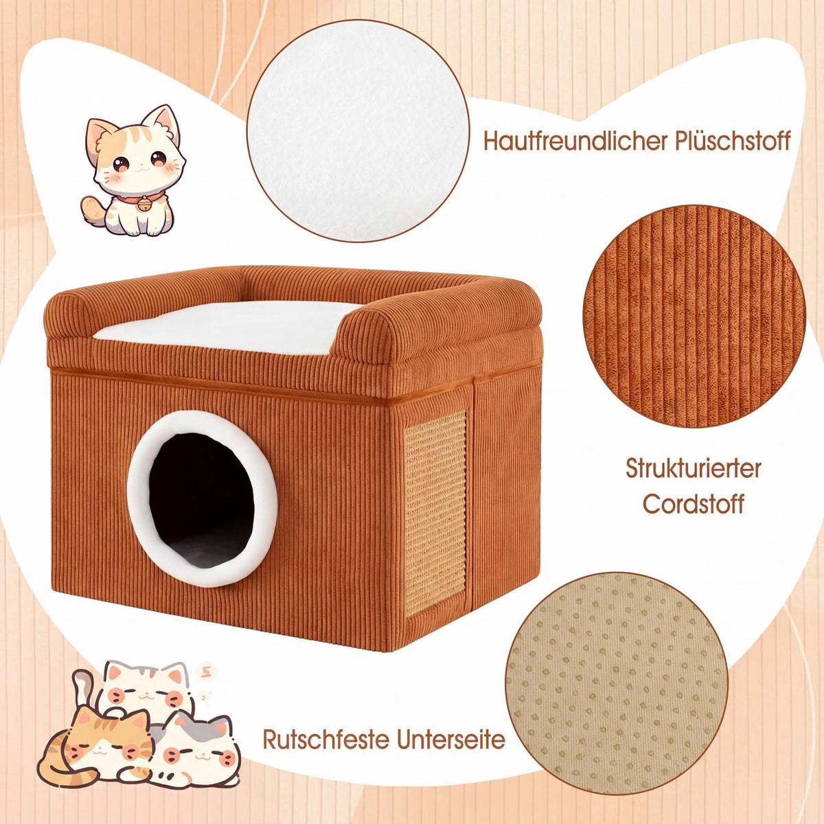Foldable Cat House with Sisal Scratch Mat & Cushion, Brown
