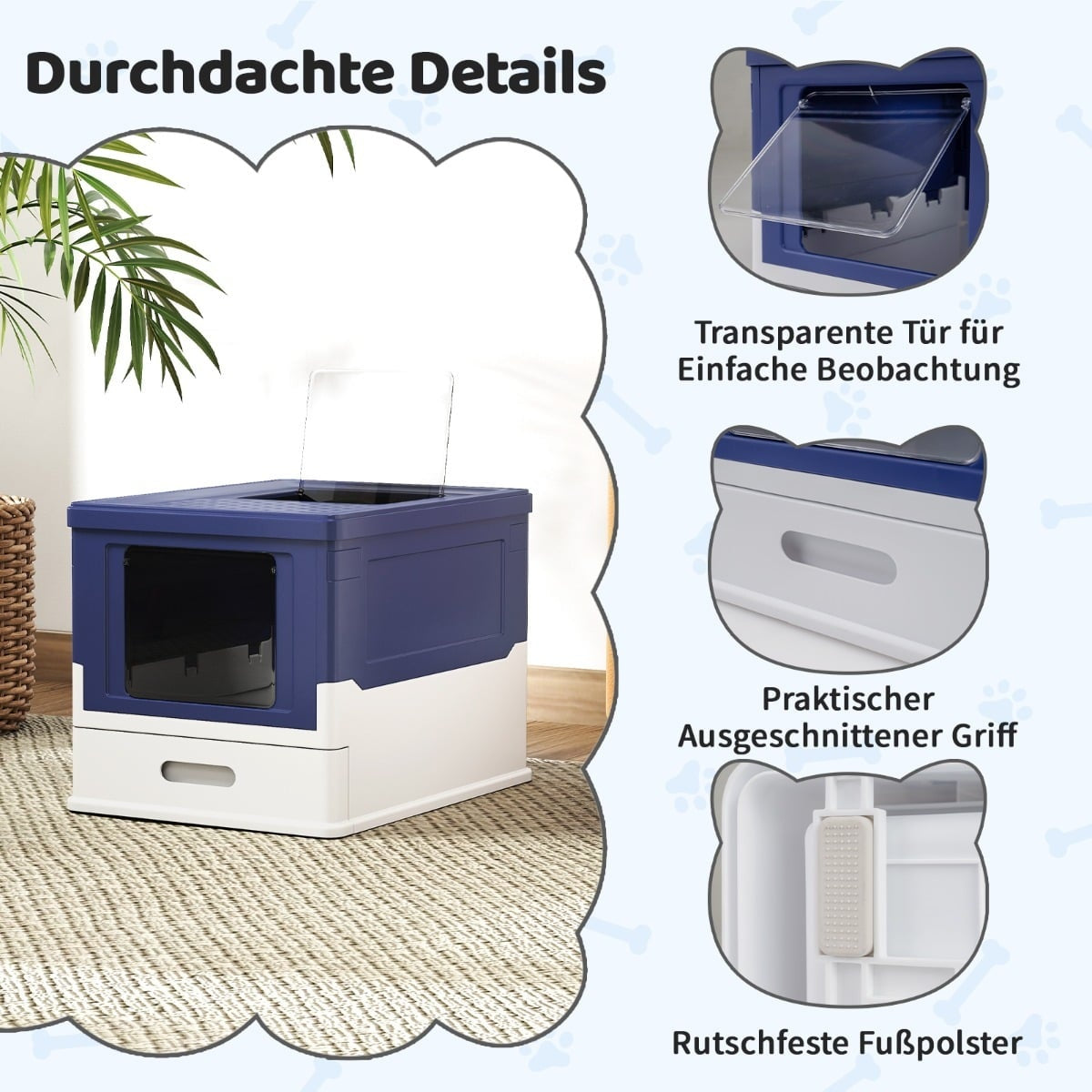 Foldable Cat Litter Box with Lid & Pull-Out Tray, Blue