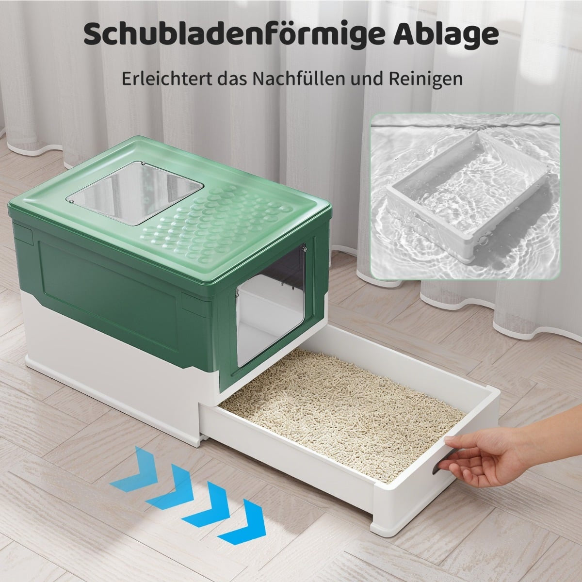 Foldable Cat Litter Box with Lid & Pull-Out Tray, Green