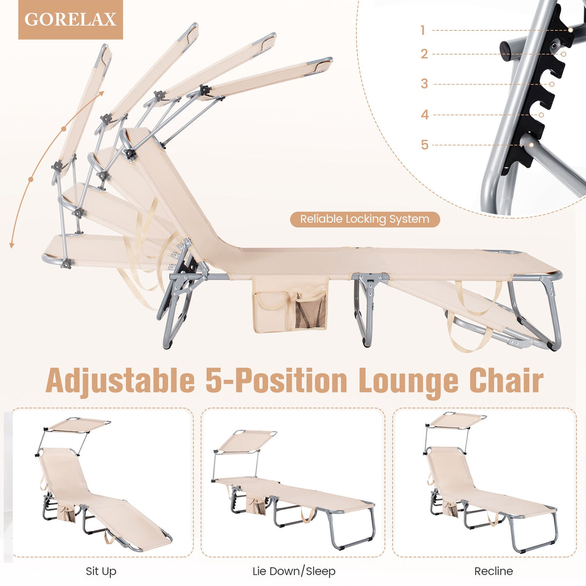 Foldable Chaise Lounge Chair With Sunshade, Side Pocket