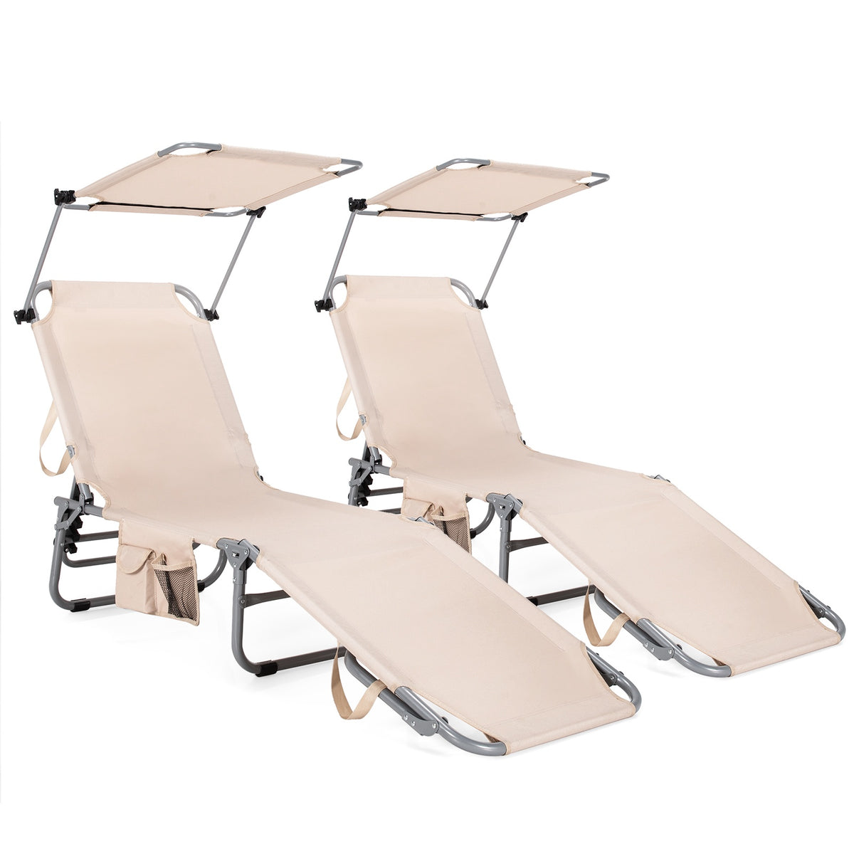 Foldable Chaise Lounge Chair With Sunshade, Side Pocket