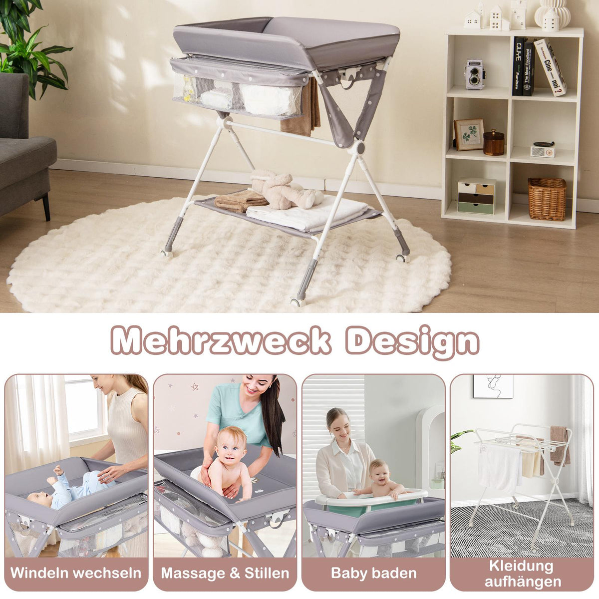 Foldable Changing Table with Adjustable Height & Wheels, Gray