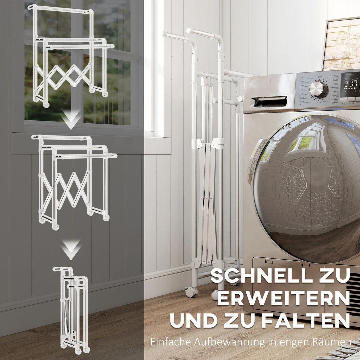 Foldable Clothes Drying Rack, 3 Adjustable Bars, Stainless Steel