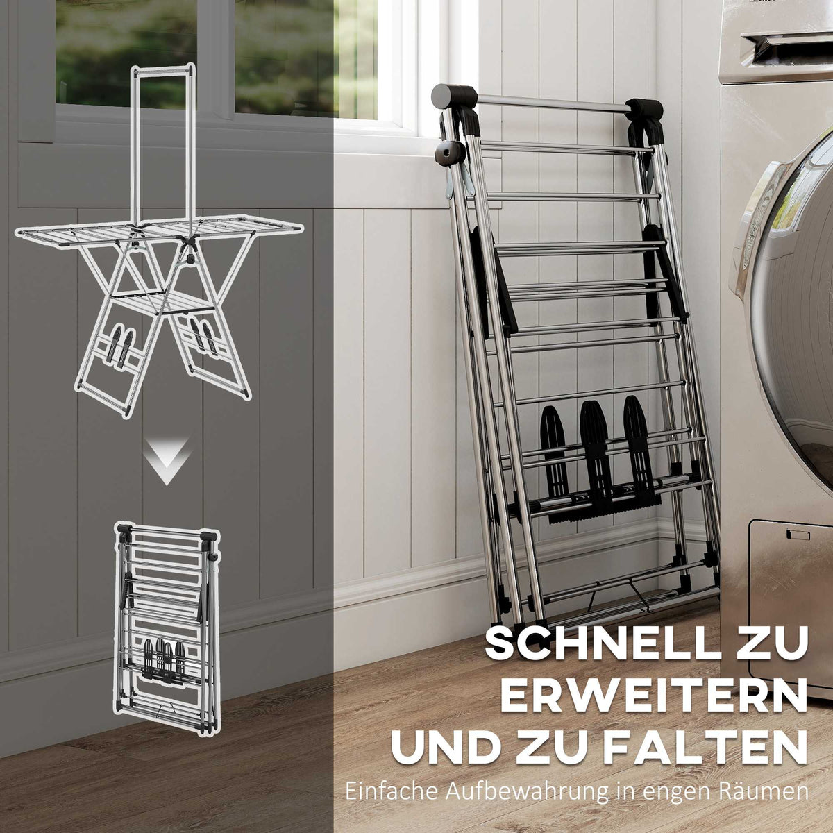 Foldable Clothes Drying Rack, Adjustable Wings, Stainless Steel