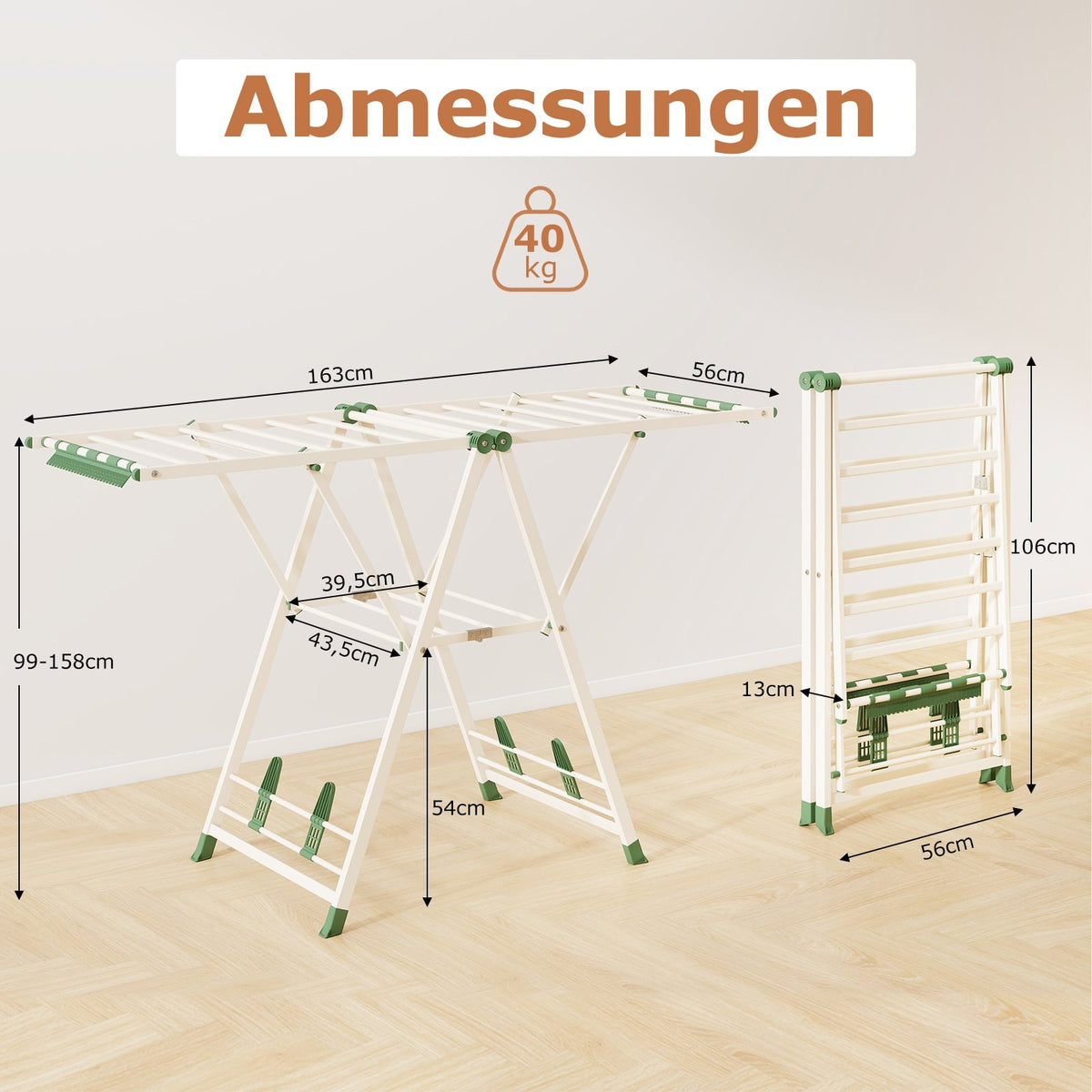 Foldable Clothes Drying Rack with Adjustable Wings, Beige