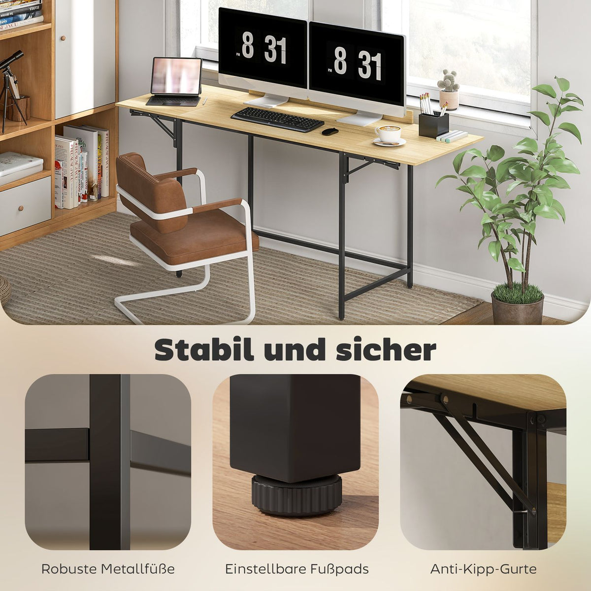 Foldable Computer Desk with 2 Extendable Panels, Oak/Black