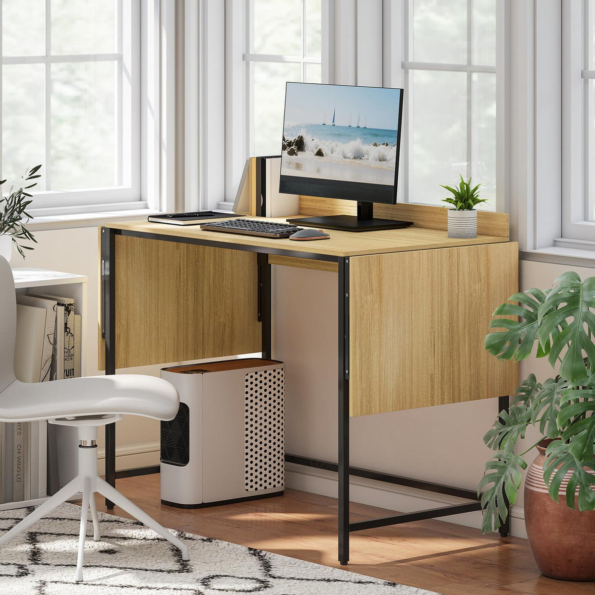 Foldable Computer Desk with 2 Extendable Panels, Oak/Black