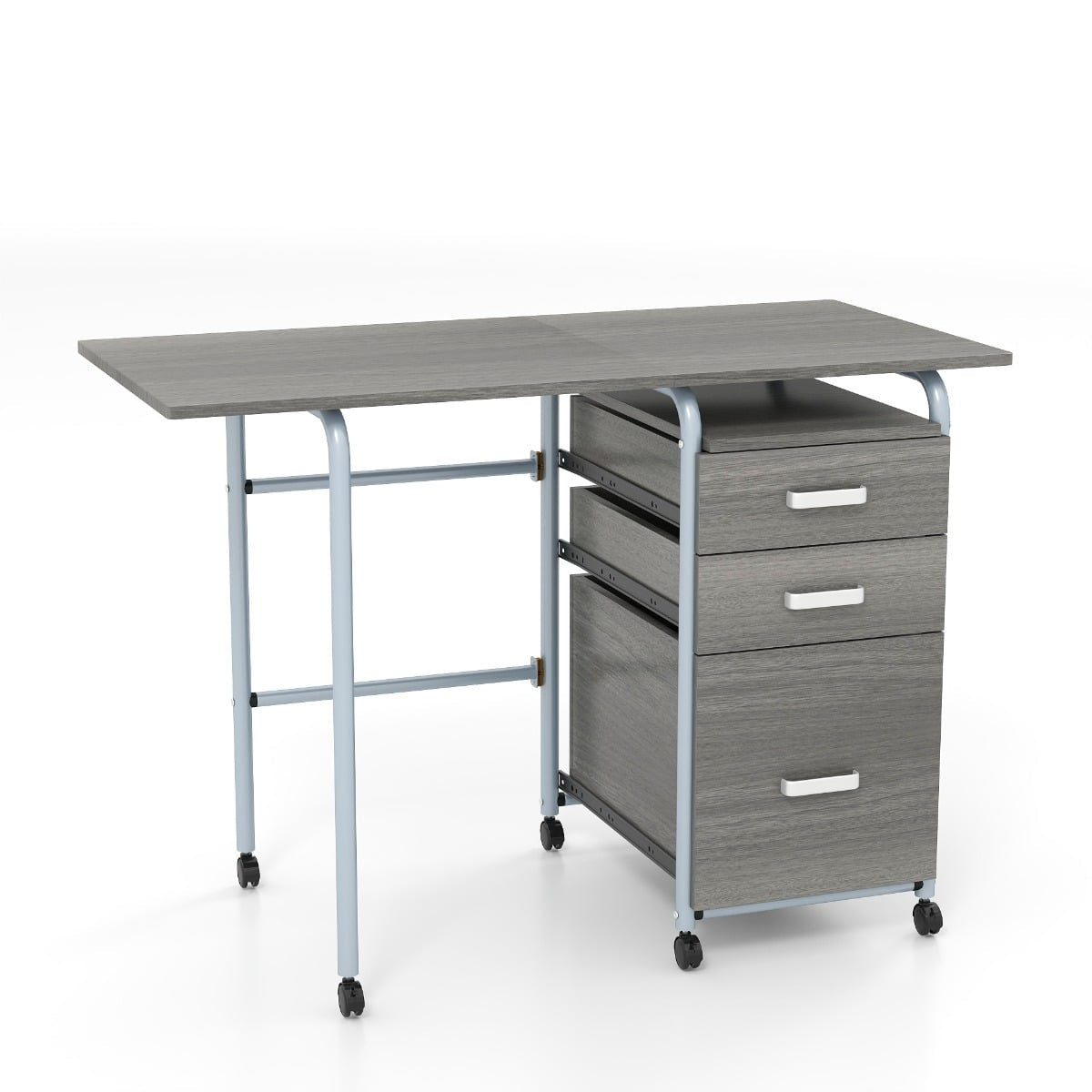 Foldable Computer Desk with 3 Drawers & Wheels, Grey