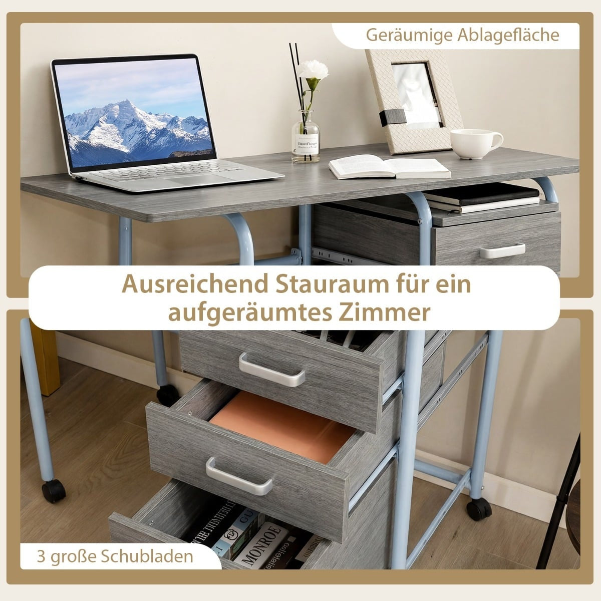 Foldable Computer Desk with 3 Drawers & Wheels, Grey