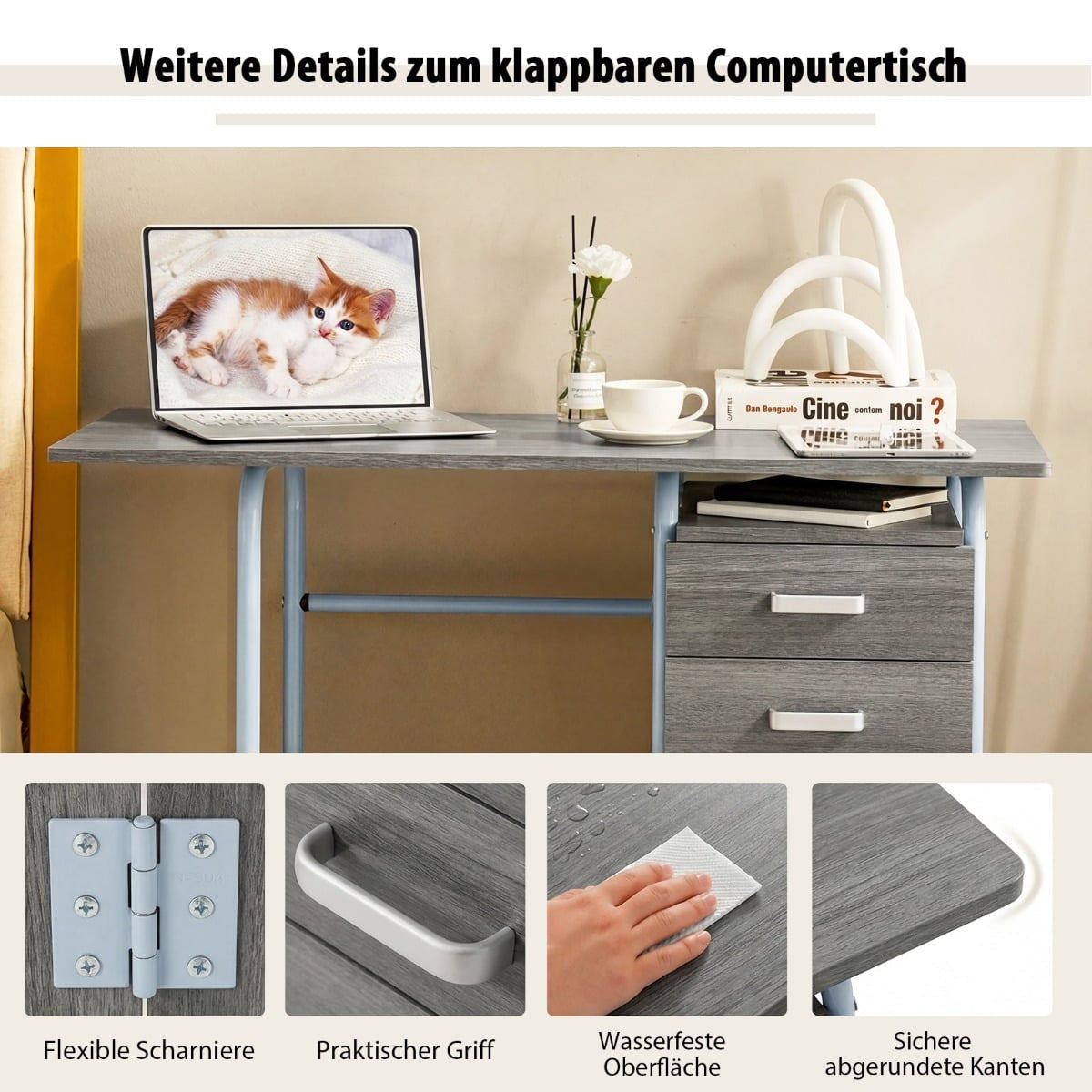 Foldable Computer Desk with 3 Drawers & Wheels, Grey