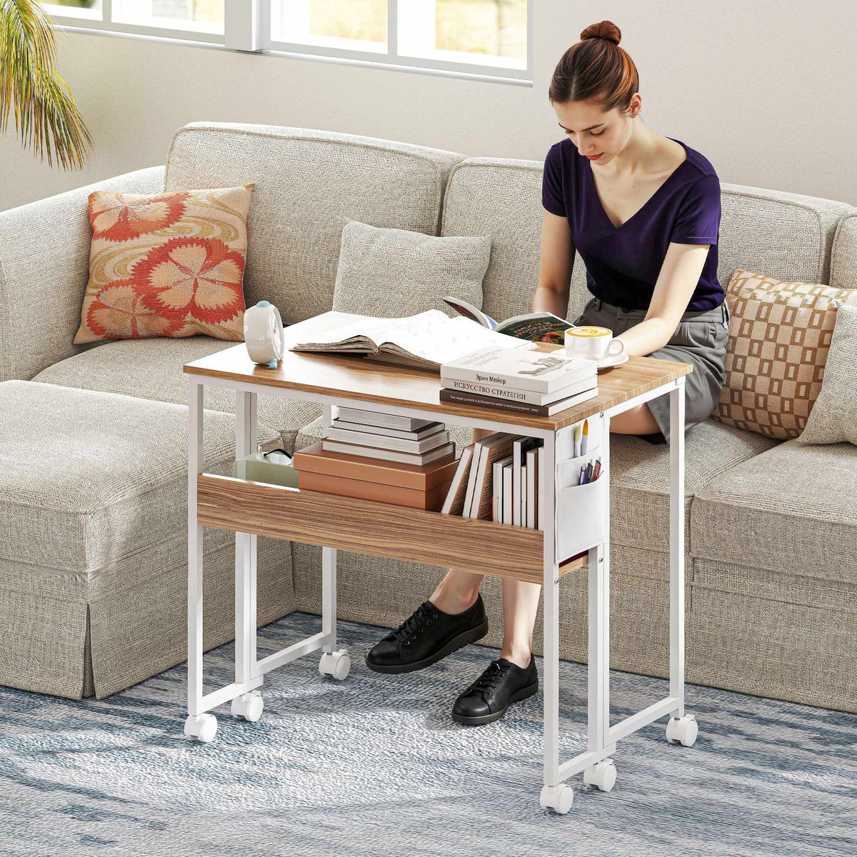 Foldable Desk with Open Shelf, Natural Wood Finish