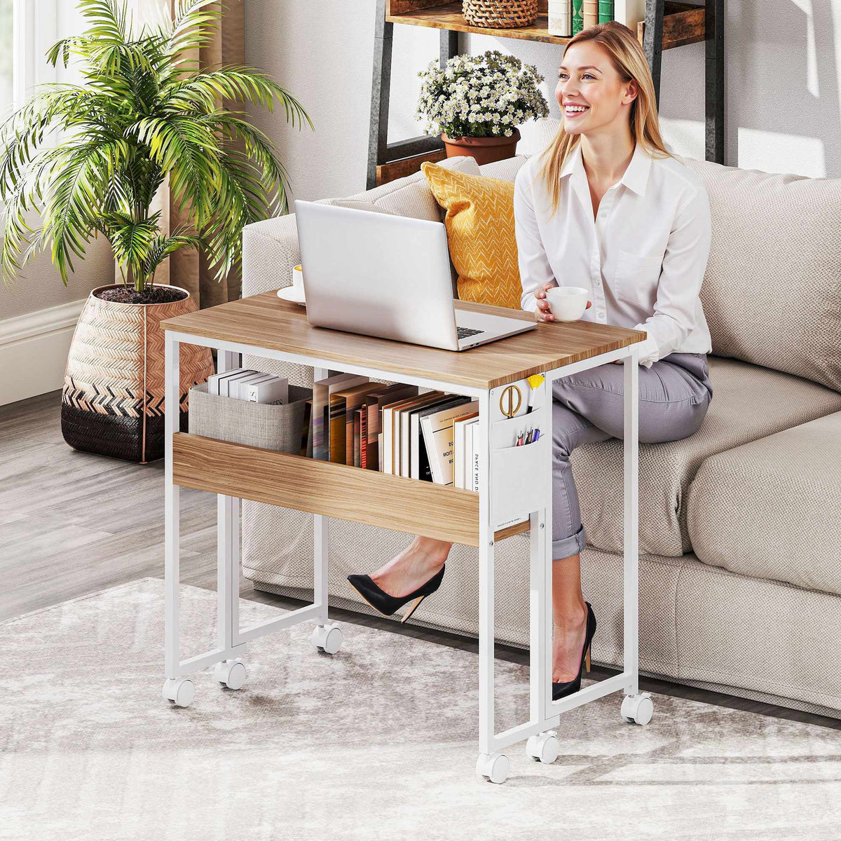 Foldable Desk with Open Shelf, Natural Wood Finish