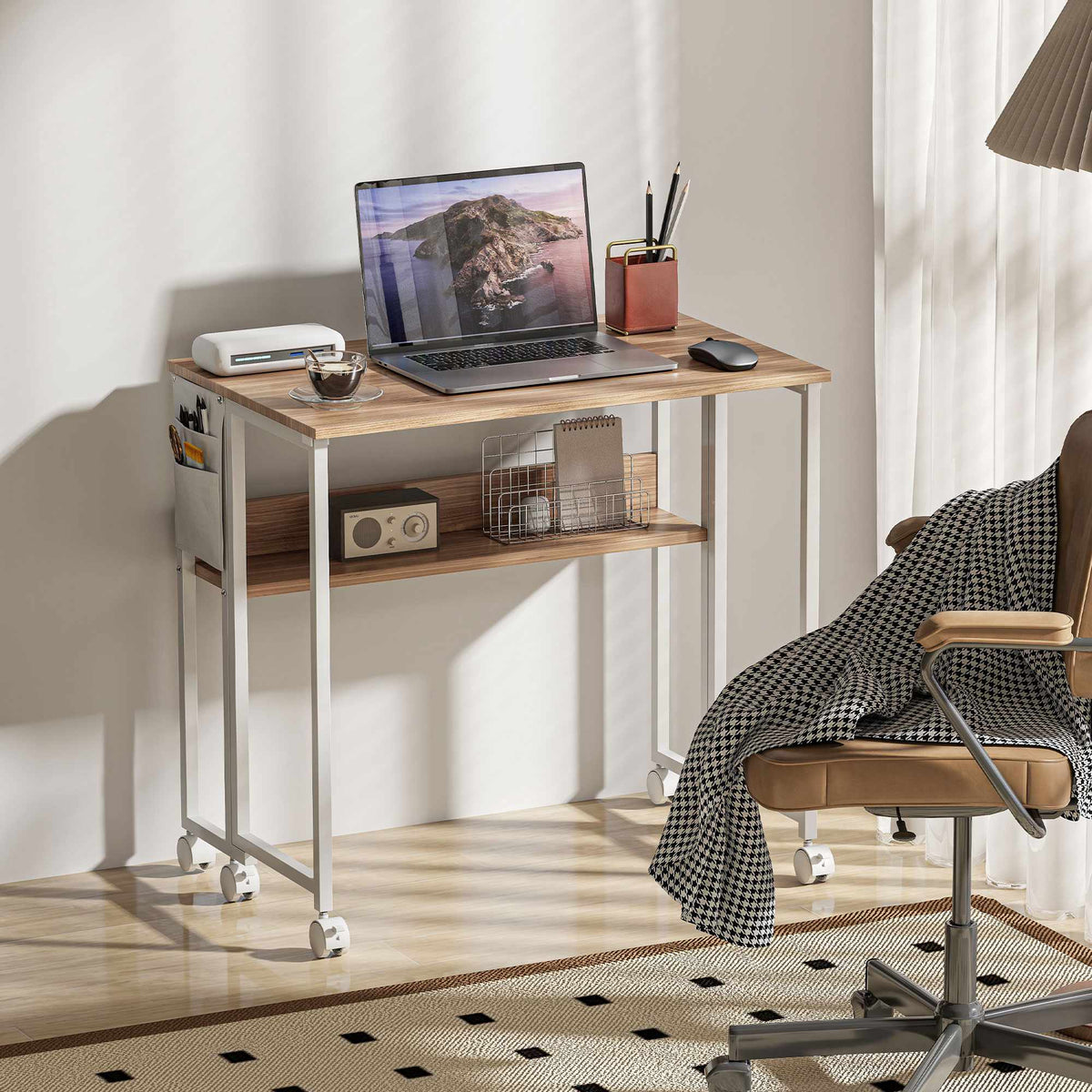 Foldable Desk with Open Shelf, Natural Wood Finish