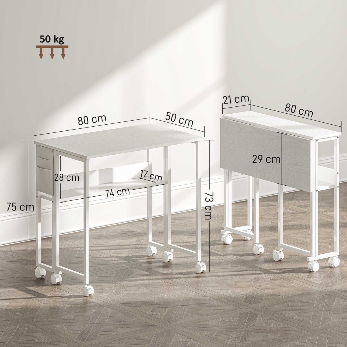 Foldable Desk with Shelf, White, 50-21 cm Depth