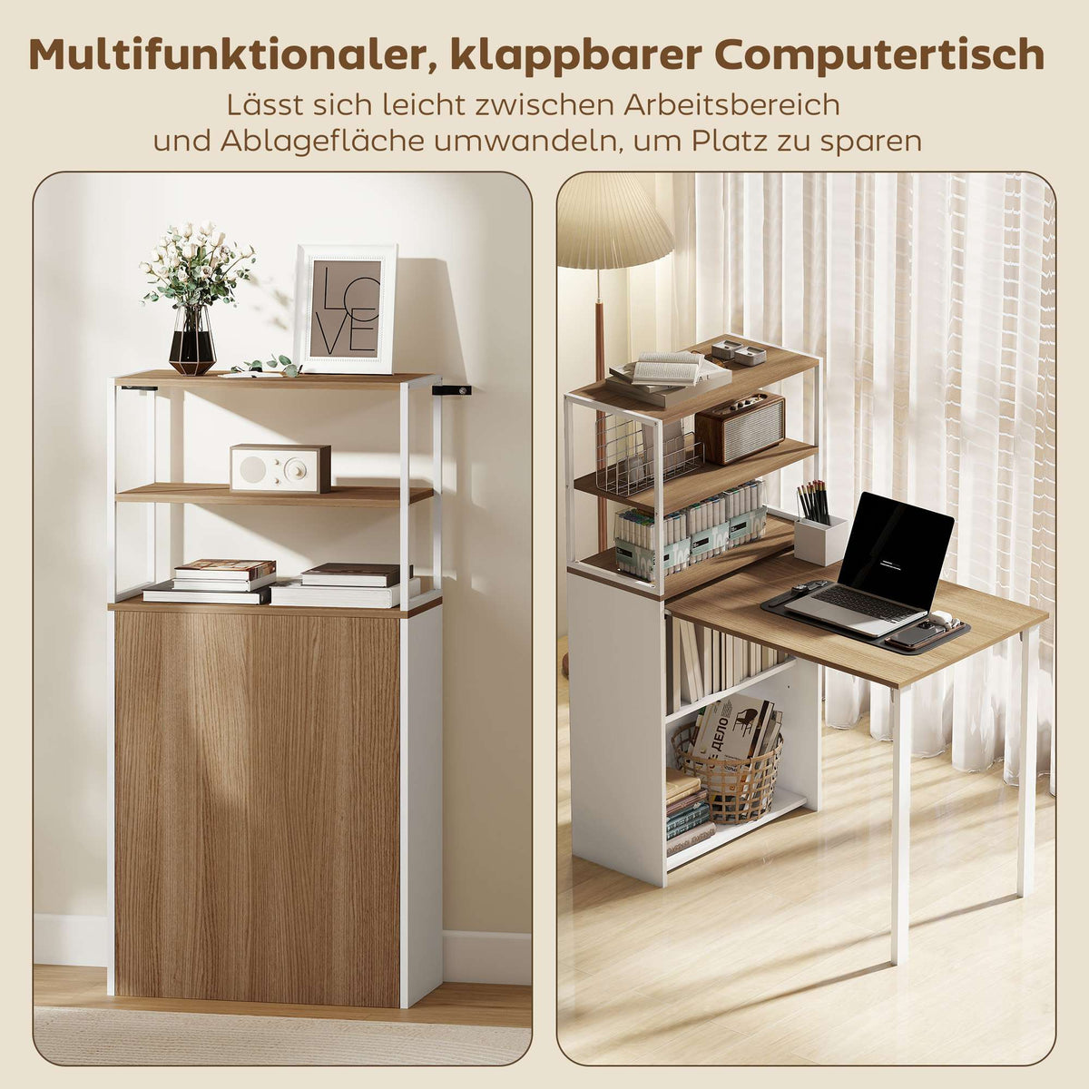 Foldable Desk with Shelves, 105x60x127 cm, Natural Wood