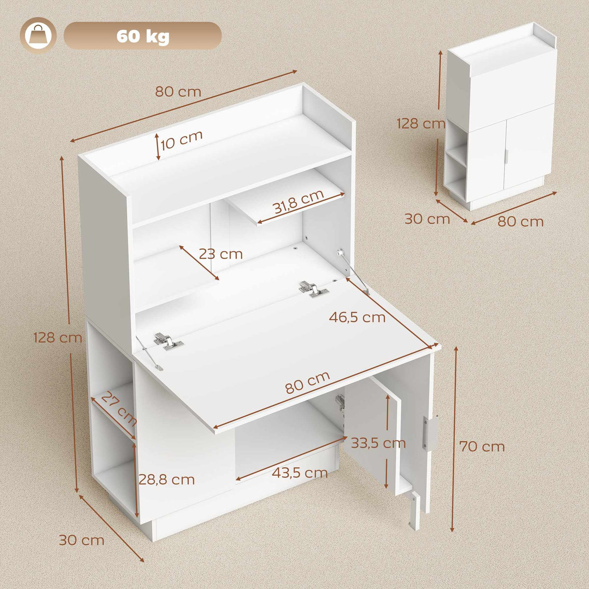 Foldable Desk with Shelves and Cabinet, 128 cm, White