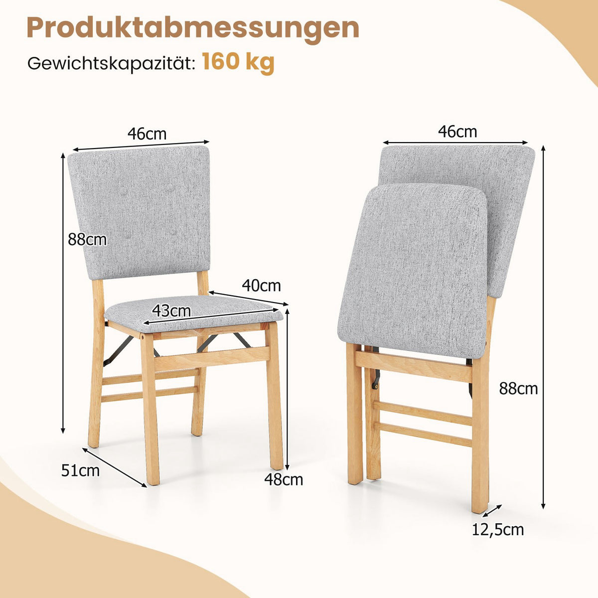 Foldable Dining Chairs Set of 2, Padded Seat, Grey