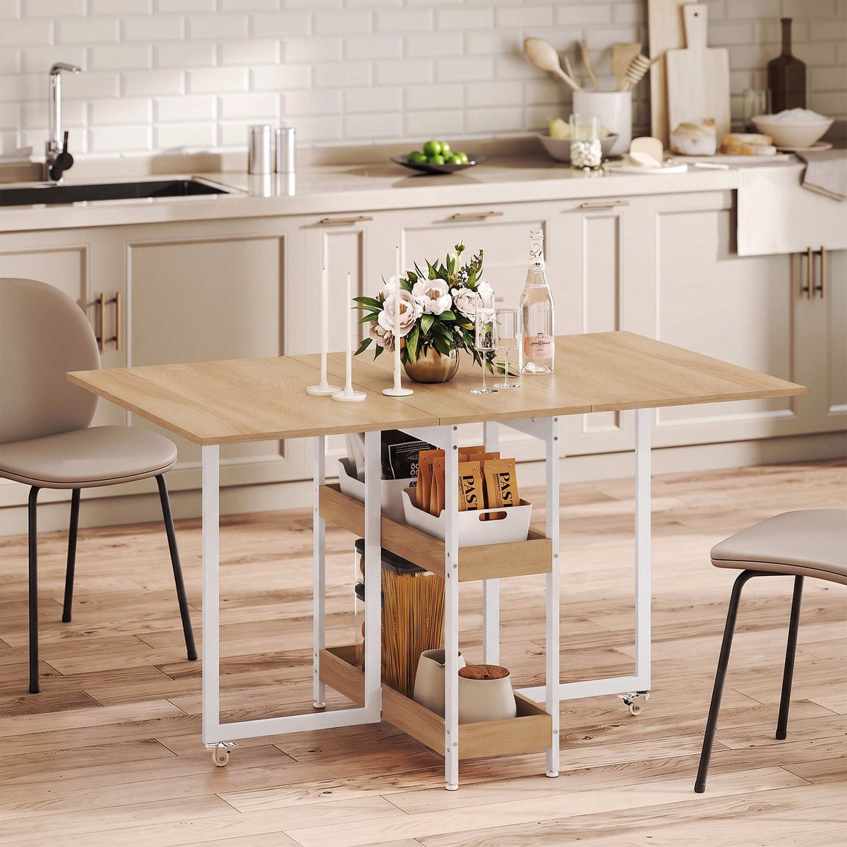 Foldable Dining Table, Industrial Design, Seats 4, Natural Wood Finish