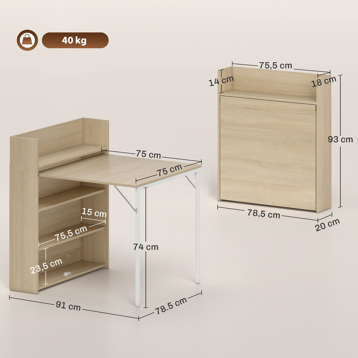 Foldable Dining Table with Shelf, Industrial Design, Oak, Space-Saving