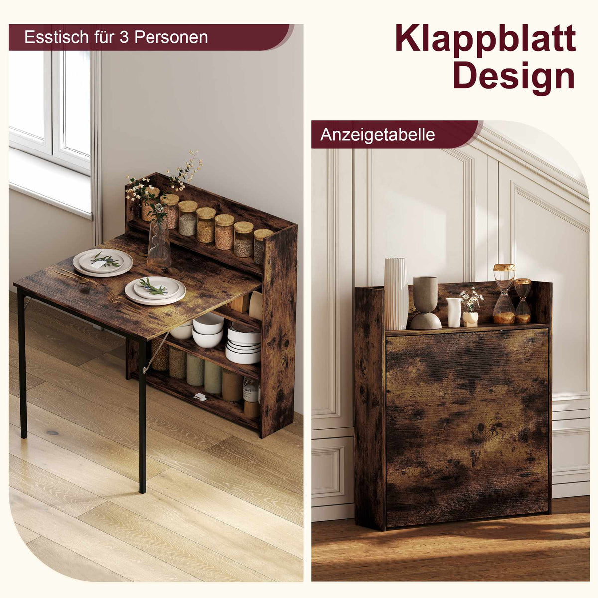 Foldable Dining Table with Shelf, Industrial Style, Space-Saving, 80x90x93 cm