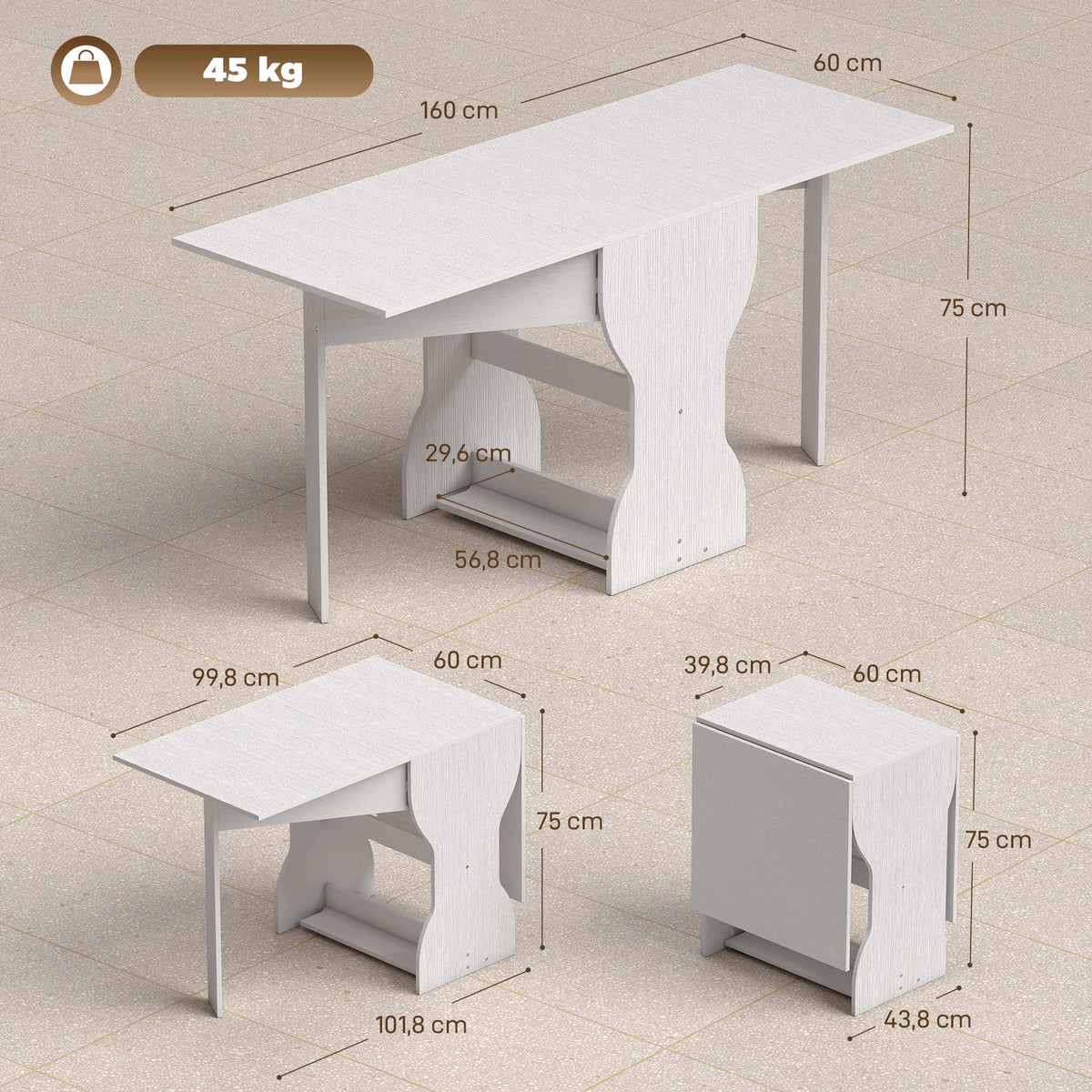 Foldable Dining Table with Storage, Seats 2-4, White, 160x60x75 cm
