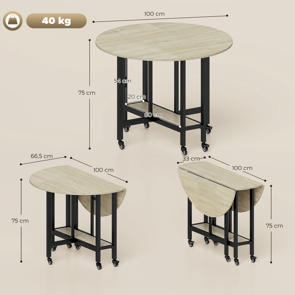 Foldable Dining Table with Wheels, Natural Wood, Space-Saving