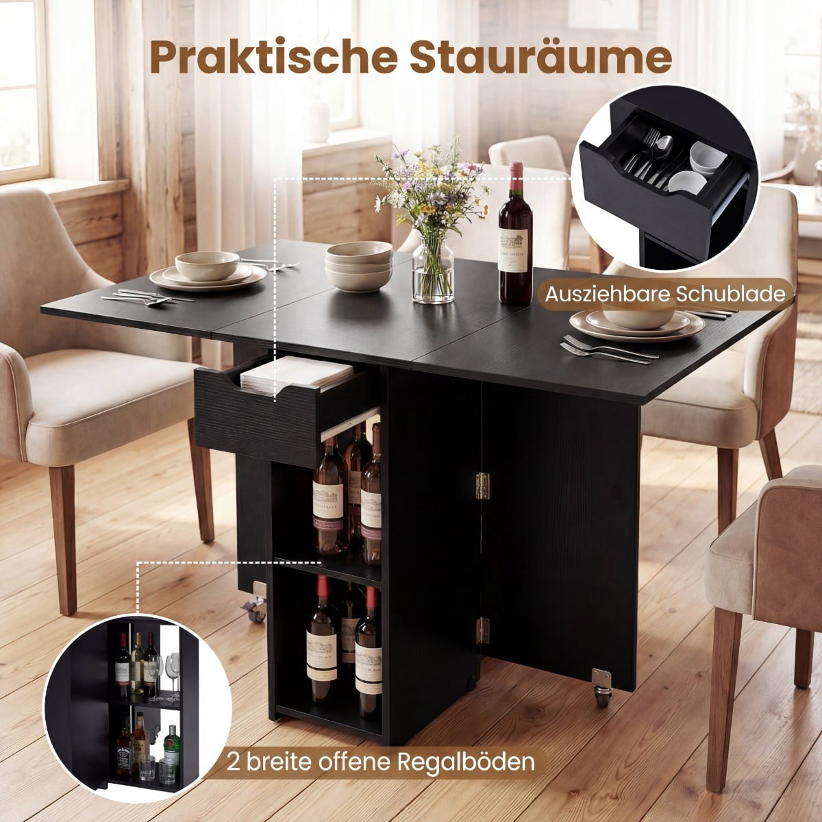 Foldable Dining Table with Wheels, Shelves & Drawer