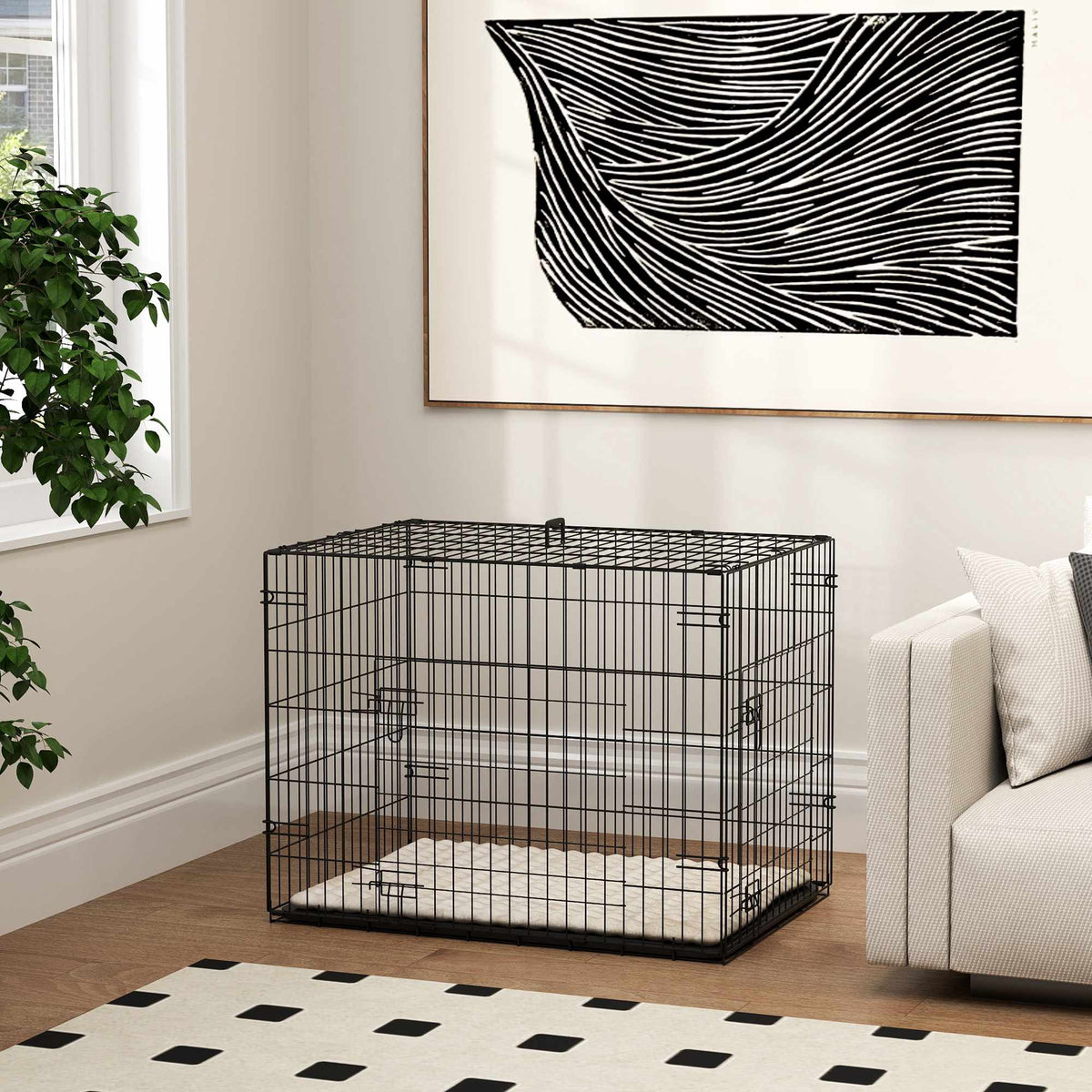 Foldable Dog Crate with 2 Doors, Tray, Cushion, Black
