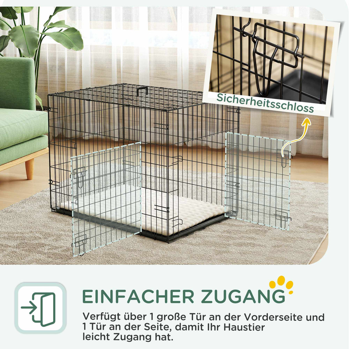 Foldable Dog Crate with 2 Doors, Tray, Cushion, Black