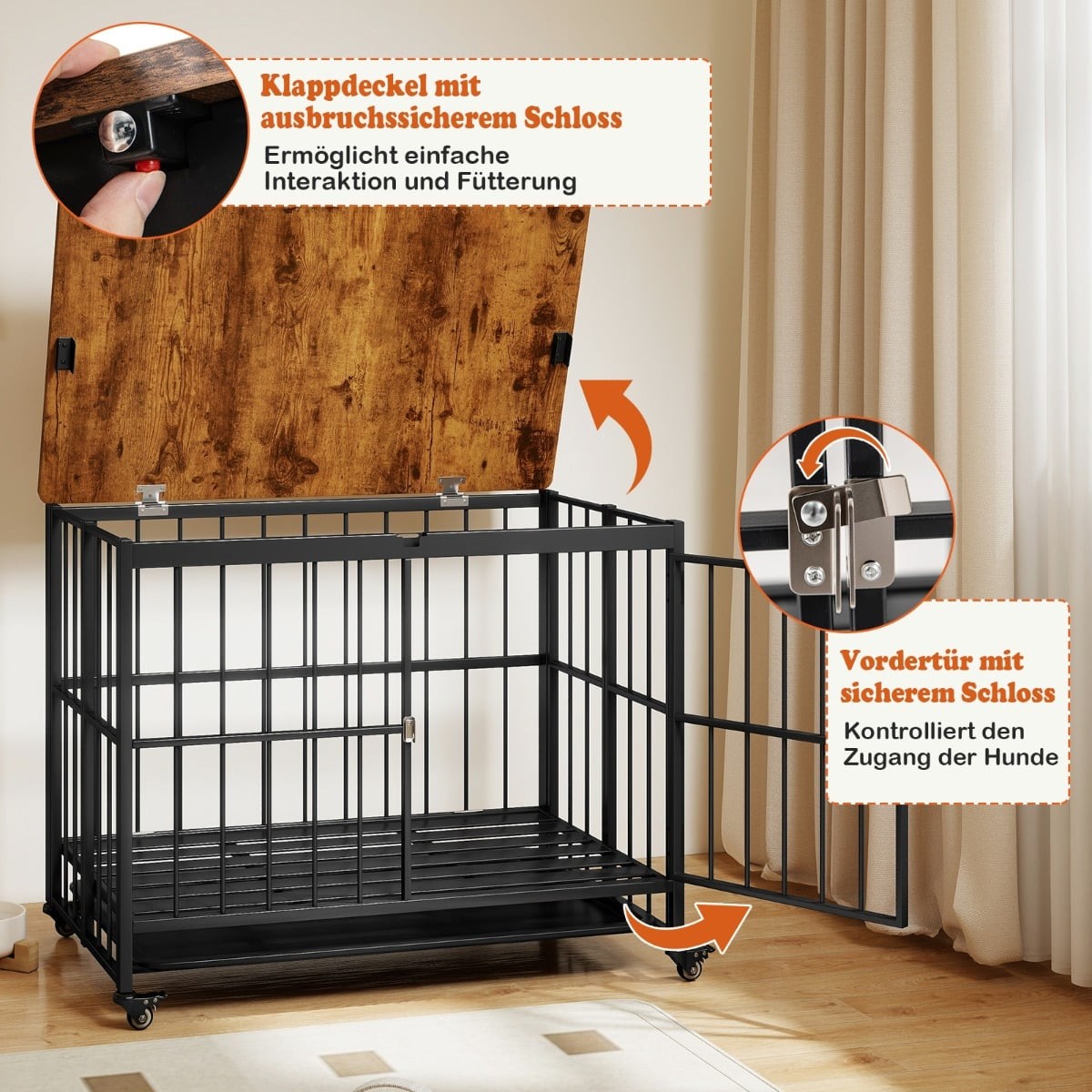 Foldable Dog Crate with Tray, Wheels & Locking Door