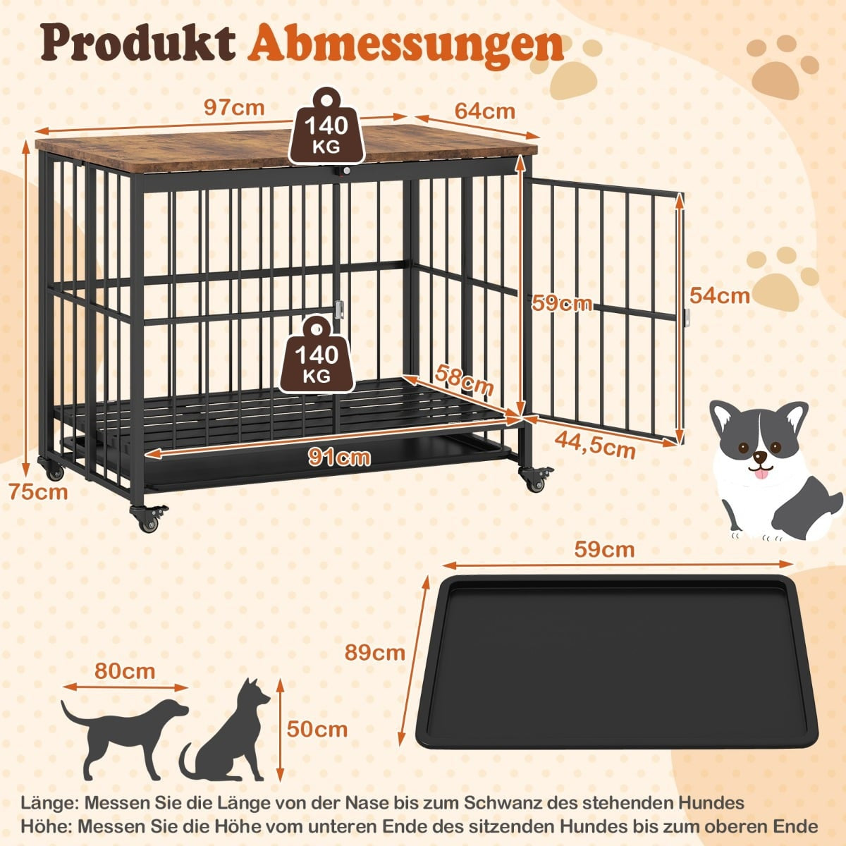 Foldable Dog Crate with Tray, Wheels & Locking Door