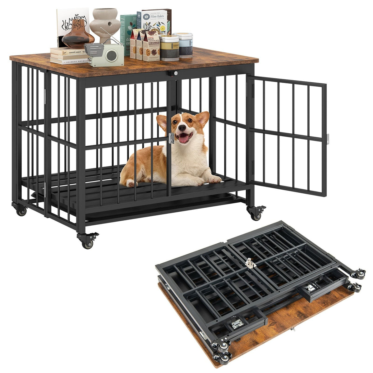 Foldable Dog Crate with Wheels & Removable Tray