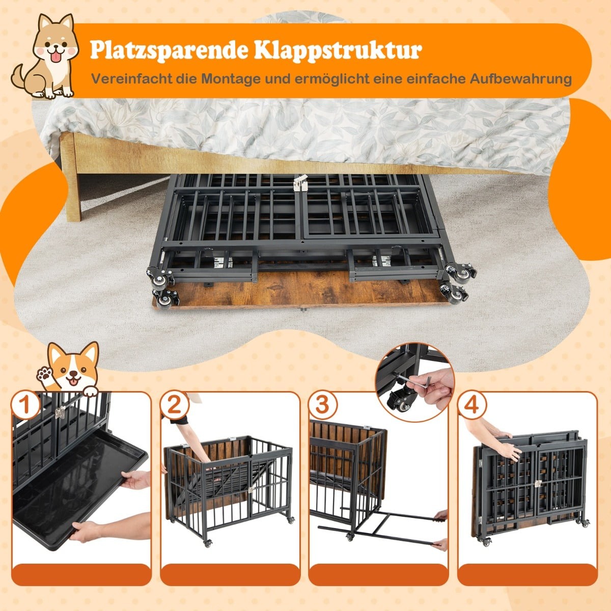 Foldable Dog Crate with Wheels & Removable Tray