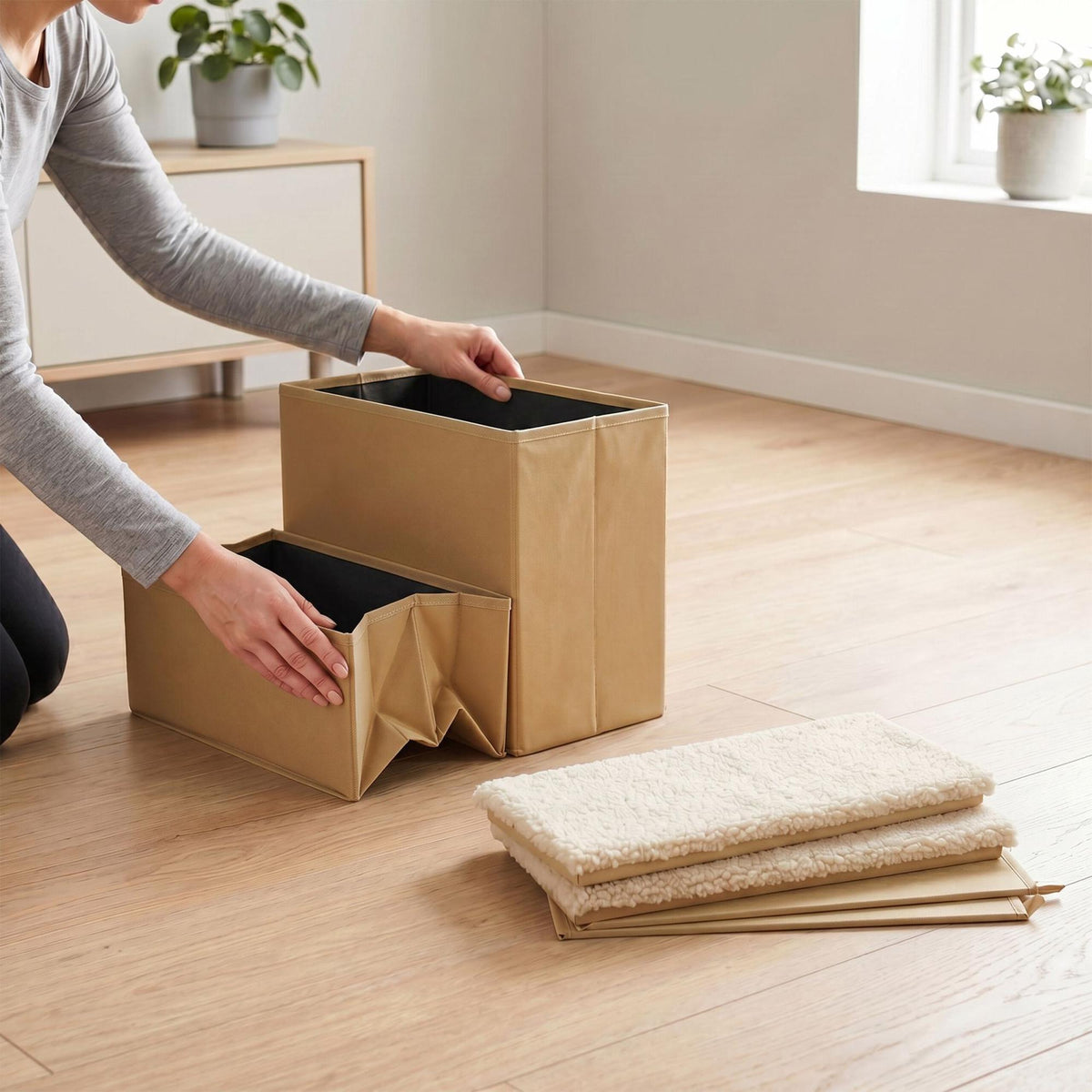 Foldable Dog Steps with Storage – Beige, Size S