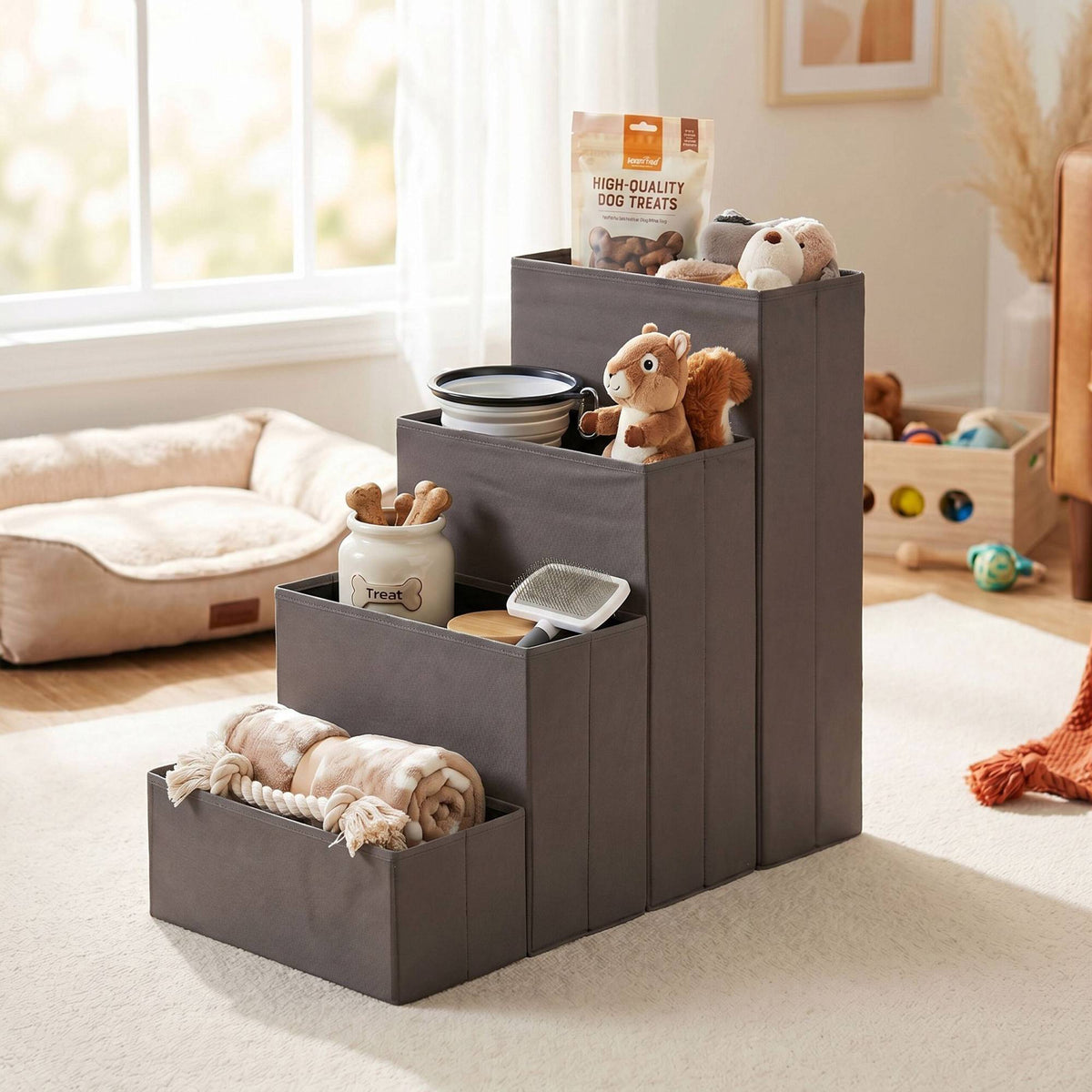 Foldable Dog Steps with Storage, Large, Grey