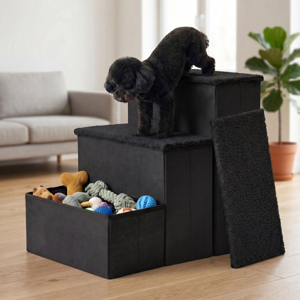 Foldable Dog Steps with Storage, Medium, Black