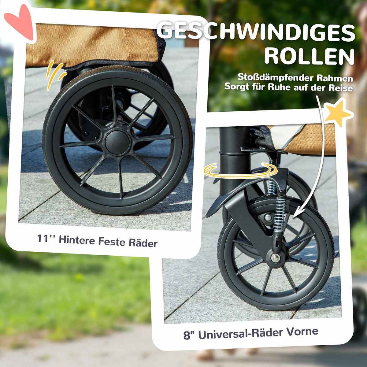 Foldable Dog Stroller for Large Dogs, 4 Wheels, Safety Leash, Brown