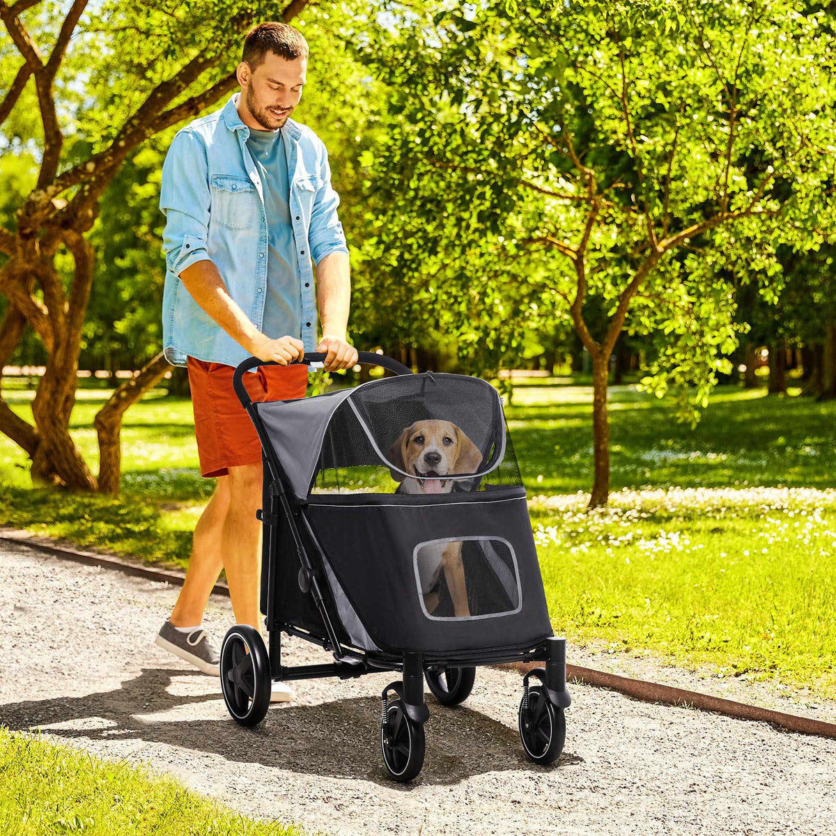 Foldable Dog Stroller with Adjustable Canopy, Grey, 30kg Capacity