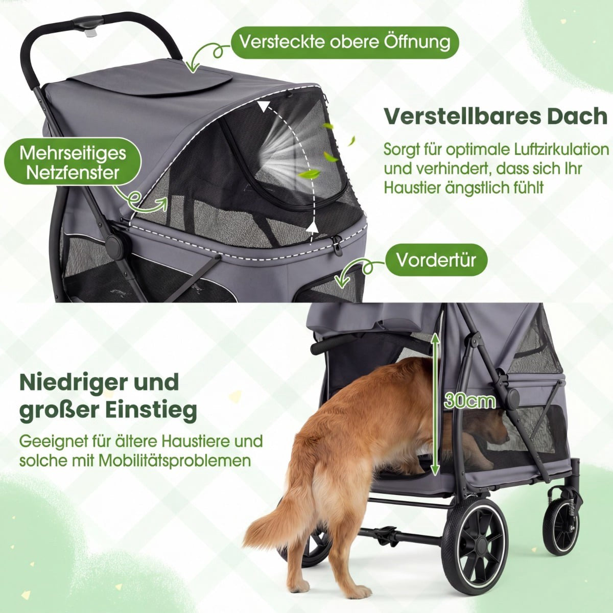 Foldable Dog Stroller with All-Terrain Wheels, Gray
