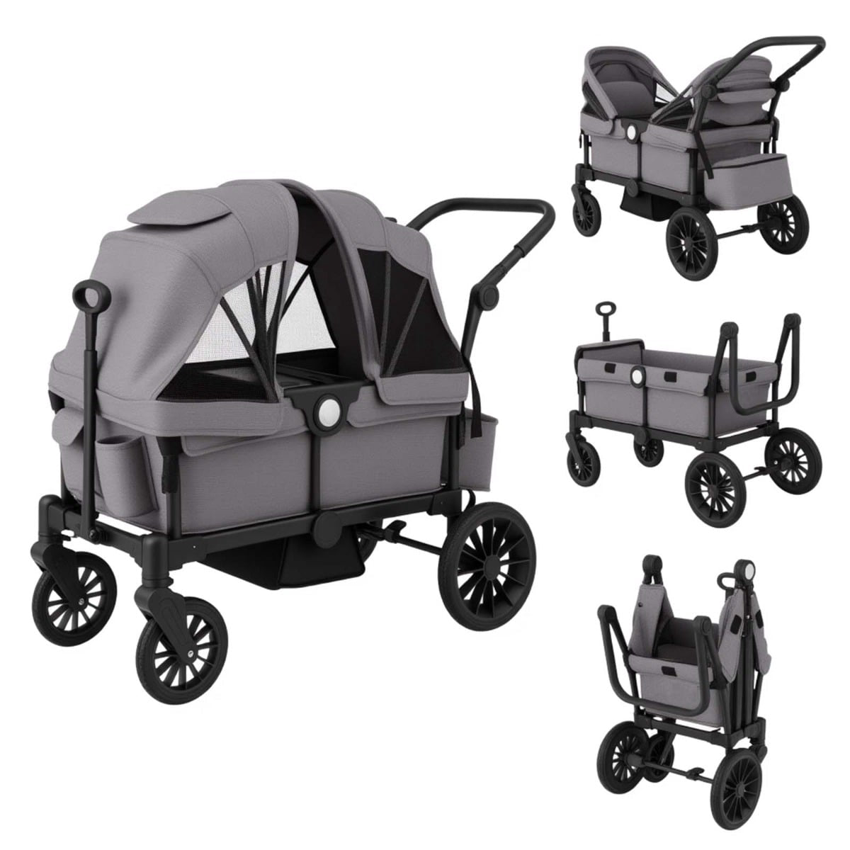 Foldable Double Stroller with Adjustable Handle, Grey